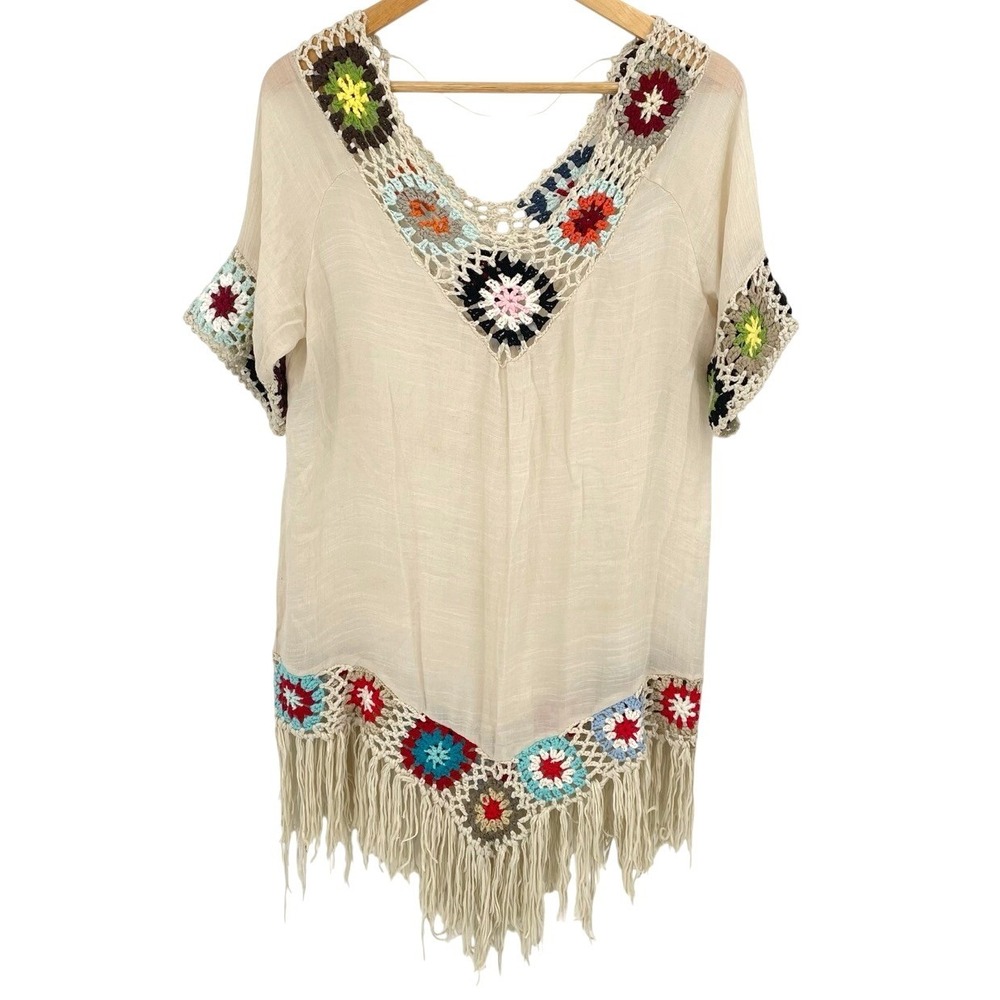 Hayden Womens S/M Granny Square Tunic Crochet Fringe Cover Up Boho Hippie‎ Dress